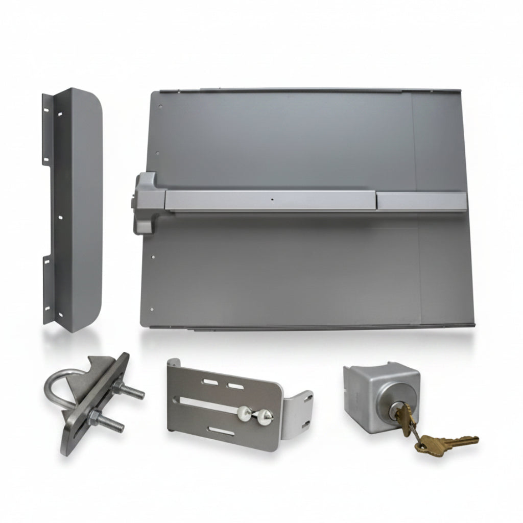 ED51B Edge Panic Shield Safety Kit In Silver - Panic Shield, PB100 Panic Bar, ED-SB Strike Bracket, EDGB5 Key Box, Key Cylinder, Latch Protector, Jamb Stop