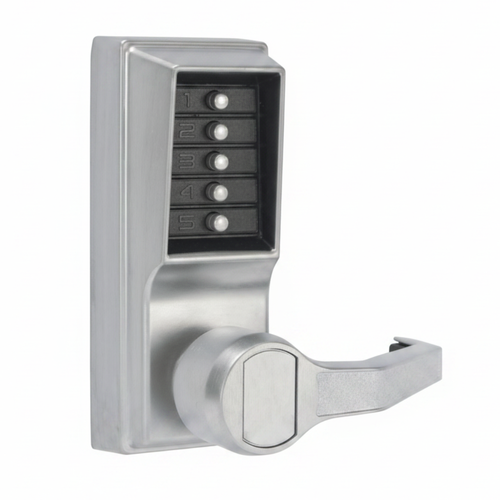 DormaKaba Pushbutton Cylindrical Lever Lock, Combination Entry Function Only, 2-3/4" Backset, 1/2" Throw Latch, Satin Chrome Finish, Right Hand/Right Hand Reverse