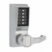 DormaKaba Pushbutton Cylindrical Lever Lock, Combination Entry Function Only, 2-3/4" Backset, 1/2" Throw Latch, Satin Chrome Finish, Right Hand/Right Hand Reverse