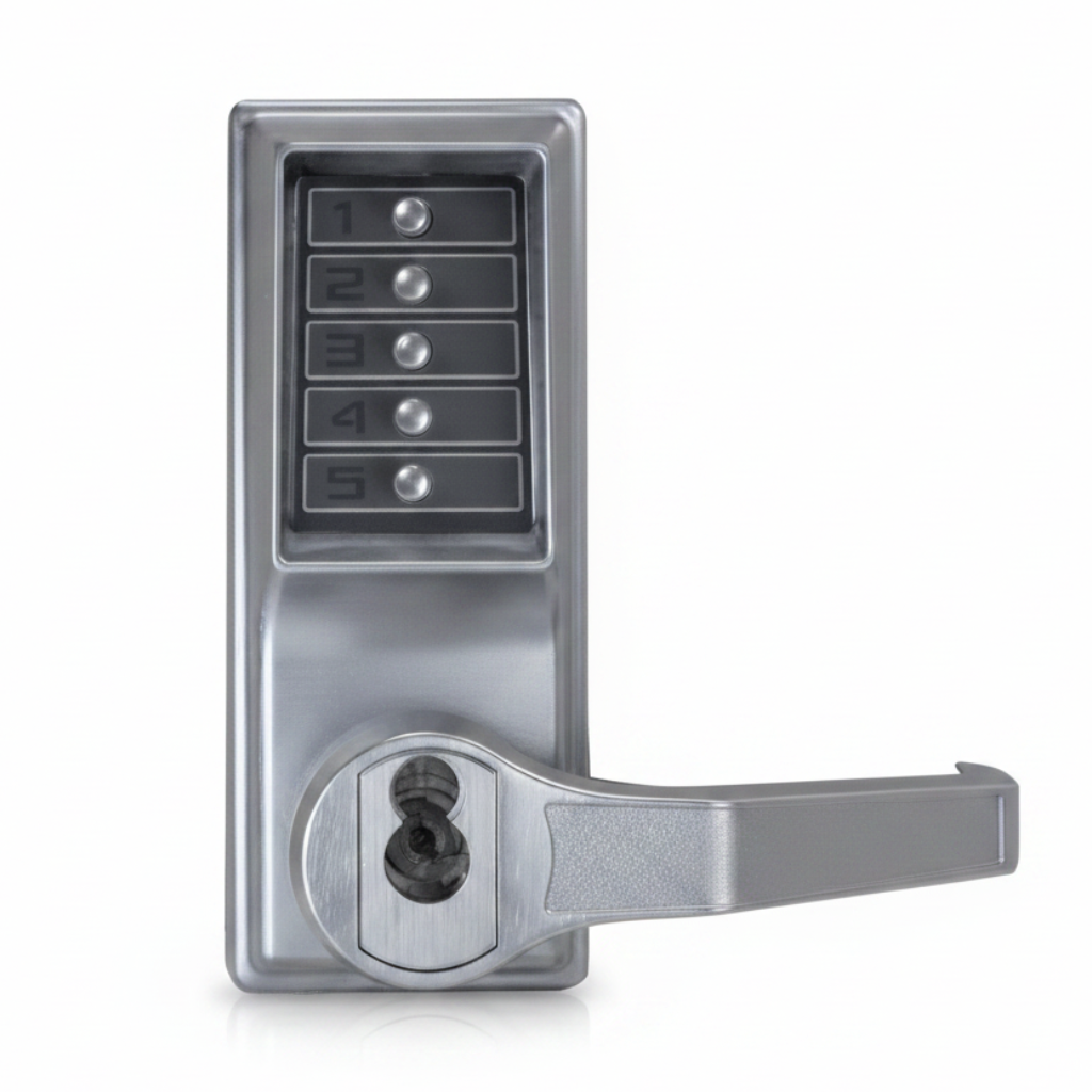 Simplex Series 1000 Lock. Keypad Entry, Free Exit, Lever Handles, Sfic Key Override Prep - Cylinder Not Included (Right Hand / Right Hand Reverse) - Satin Chrome