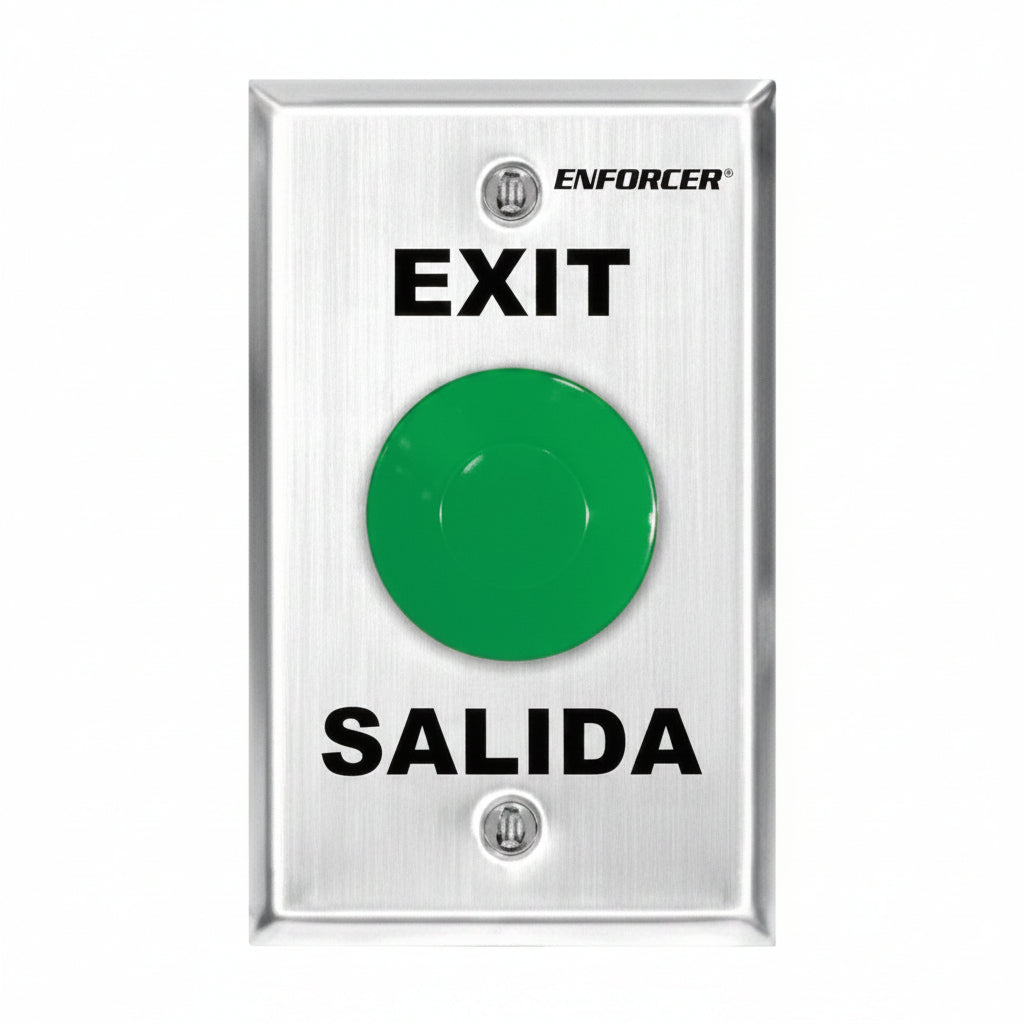 R-T-E Plate With Pneumatic Timer (2~60 Seconds). 1½" Green Mushroom-Cap Button. No/Nc Contact, Rated 5A@125Vac. Stainless-Steel, Single-Gang Plate. "Exit" And "Salida" Printed On Plate. No Power Required. (1.24)..