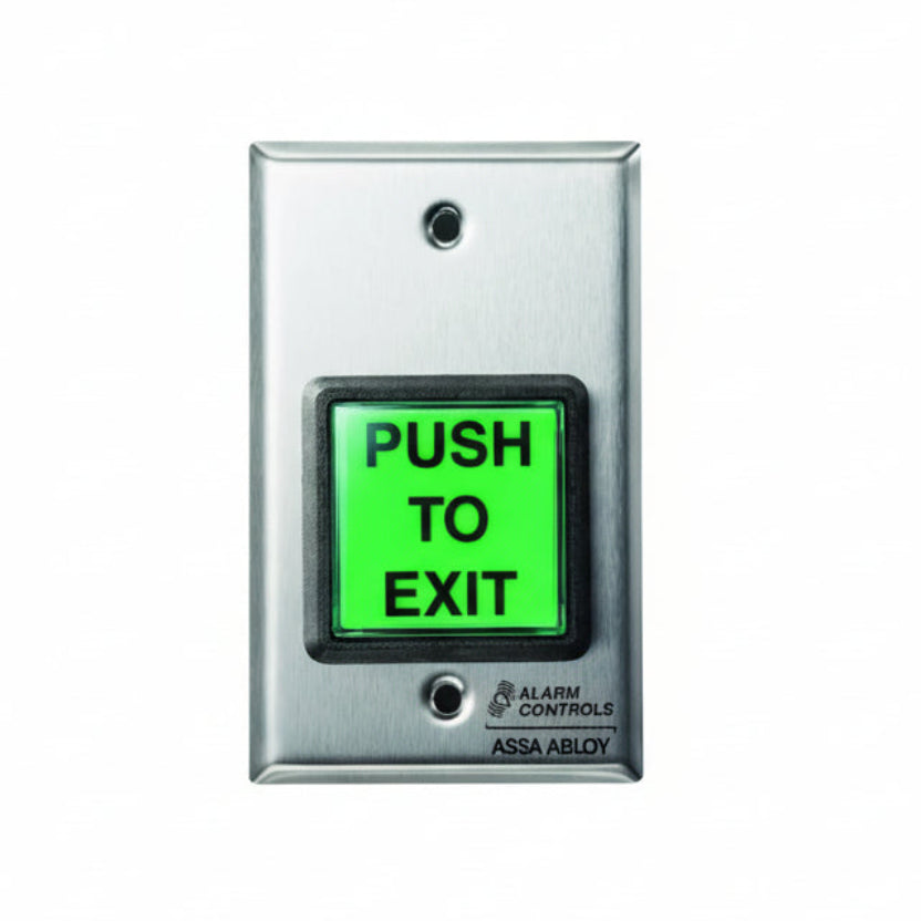 Illuminated Push To Exit Button On Flat Stainless Steel Wall Plate, Single Gang