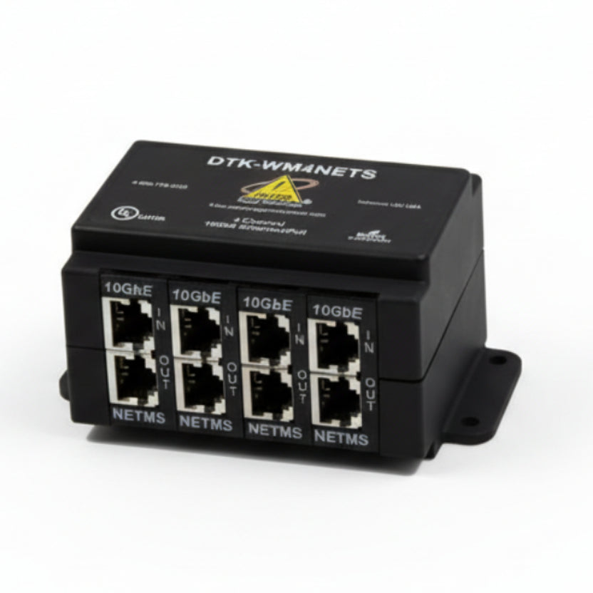 4 Channel Wall Mount PoE Ethernet Protector, 1U, Shielded RJ45 In/Out, 10GbE